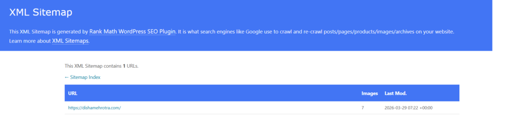RankMath SEO Sitemap for dishamehrotra.com